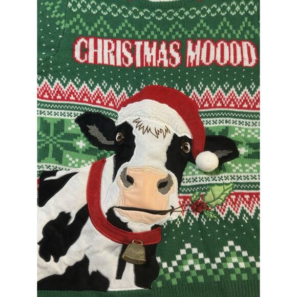 holiday time christmas sweater womens Green Red Cow Santa Hat “Christmas Mooood” - Picture 3 of 8